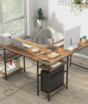 L-vormig Bureau met Opbergruimte & Geïntegreerde Stroomvoorziening - Modern Bruin Hoekbureau 140x140cm