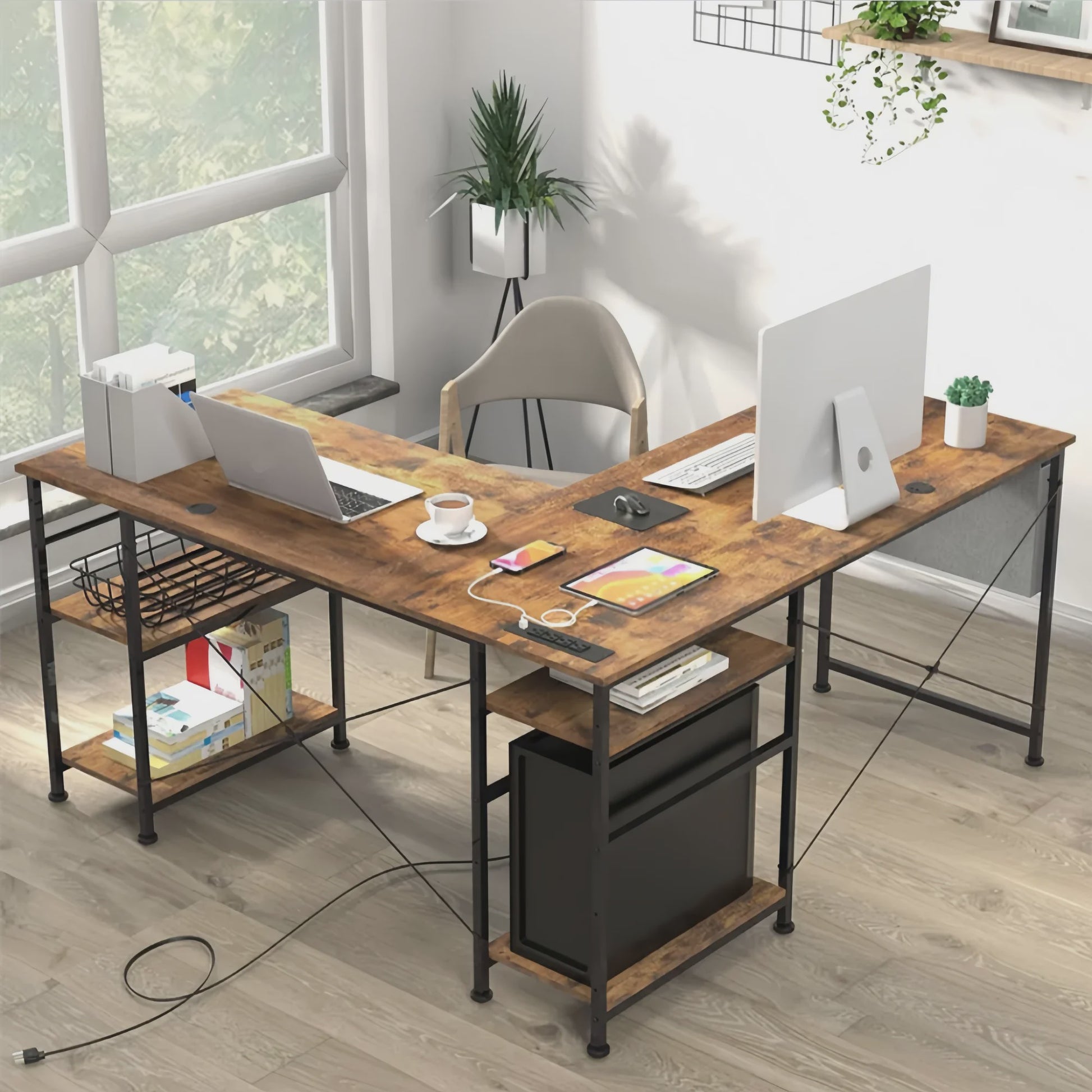 L-vormig Bureau met Opbergruimte & Geïntegreerde Stroomvoorziening - Modern Bruin Hoekbureau 140x140cm