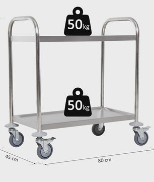 RVS Serveertrolley met 2 Plateaus en Wielen - 80x45x82 cm