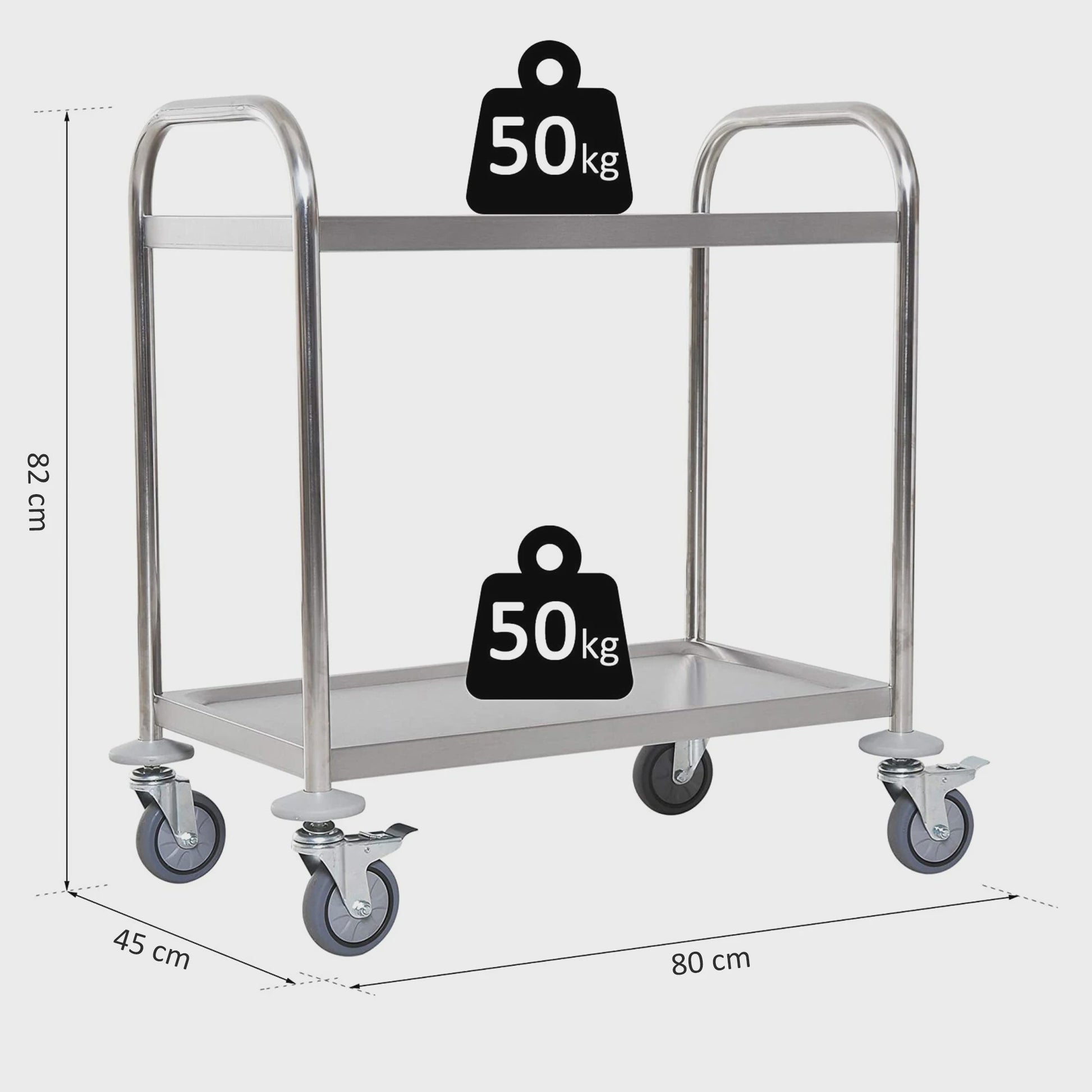 RVS Serveertrolley met 2 Plateaus en Wielen - 80x45x82 cm