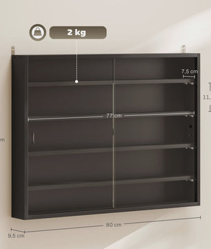 HOMCOM Wandvitrinekast Zwart 80x9.5x60 cm met 4 Verstelbare Planken en Glazen Schuifdeuren