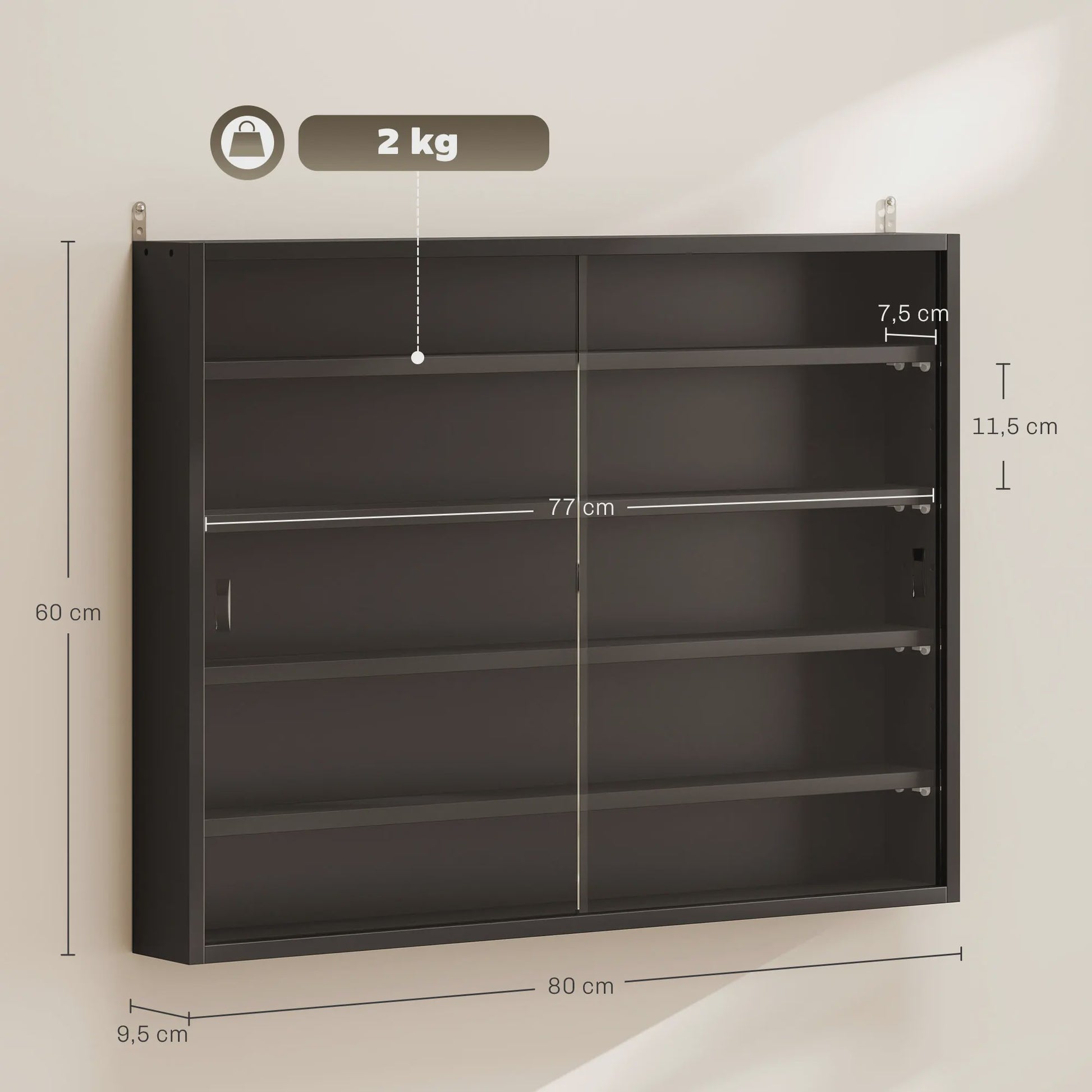HOMCOM Wandvitrinekast Zwart 80x9.5x60 cm met 4 Verstelbare Planken en Glazen Schuifdeuren