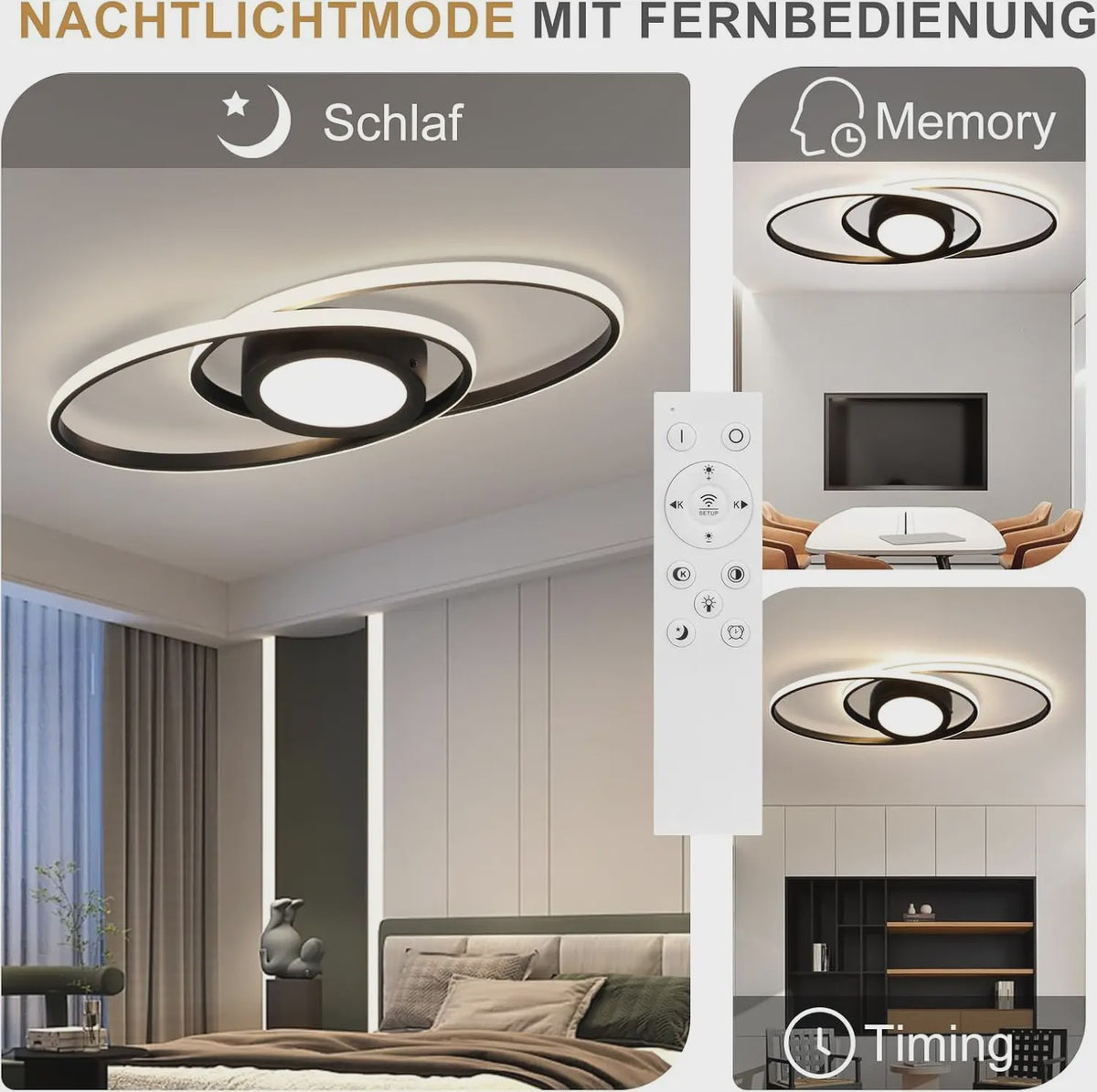 Moderne Zwarte LED Plafondlamp 48W Dimbare met Afstandsbediening & Kleurtemperatuur 3000K-6500K