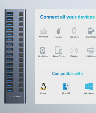 Acasis 16-Poorts USB Hub 10Gbps met Individuele Schakelaars & Snelle Data Transfer
