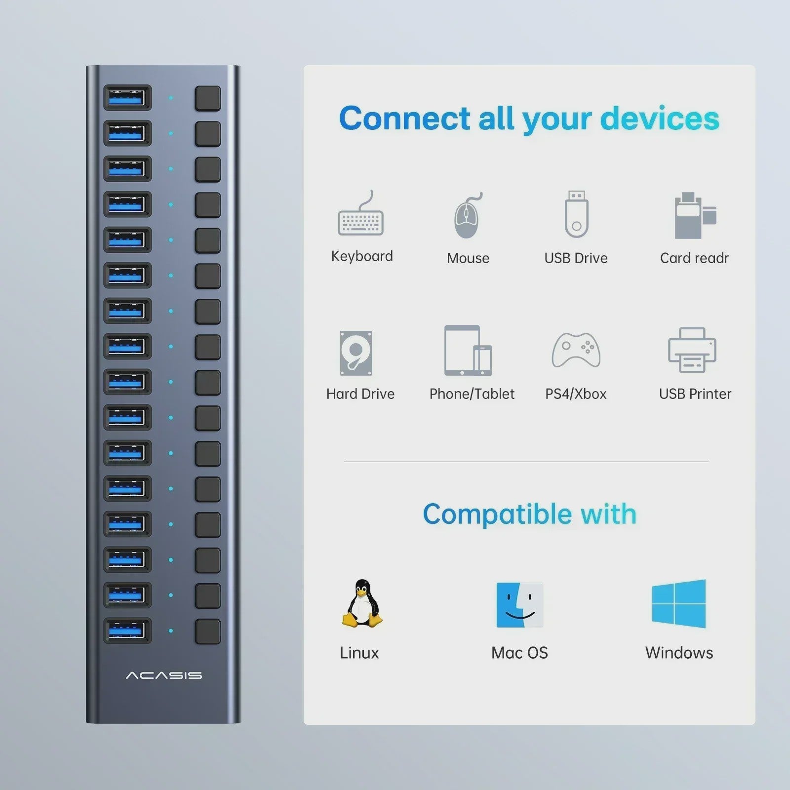 Acasis 16-Poorts USB Hub 10Gbps met Individuele Schakelaars & Snelle Data Transfer