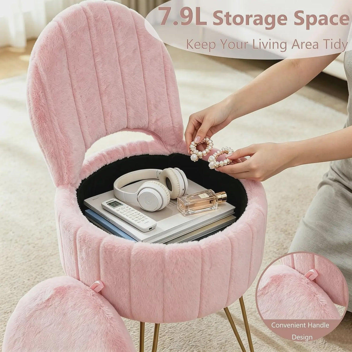 Luxe Fauteuil met Opbergruimte en Pluche Bekleding - Kaptafel Stoel