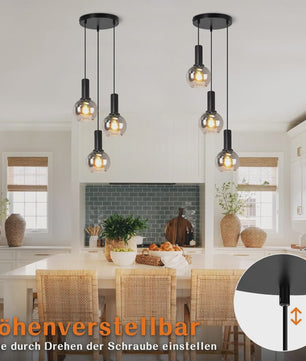 3-Lichts Hanglamp Glas - Vintage Stijl Pendellamp voor Eettafel & Woonkamer - In Hoogte Verstelbaar