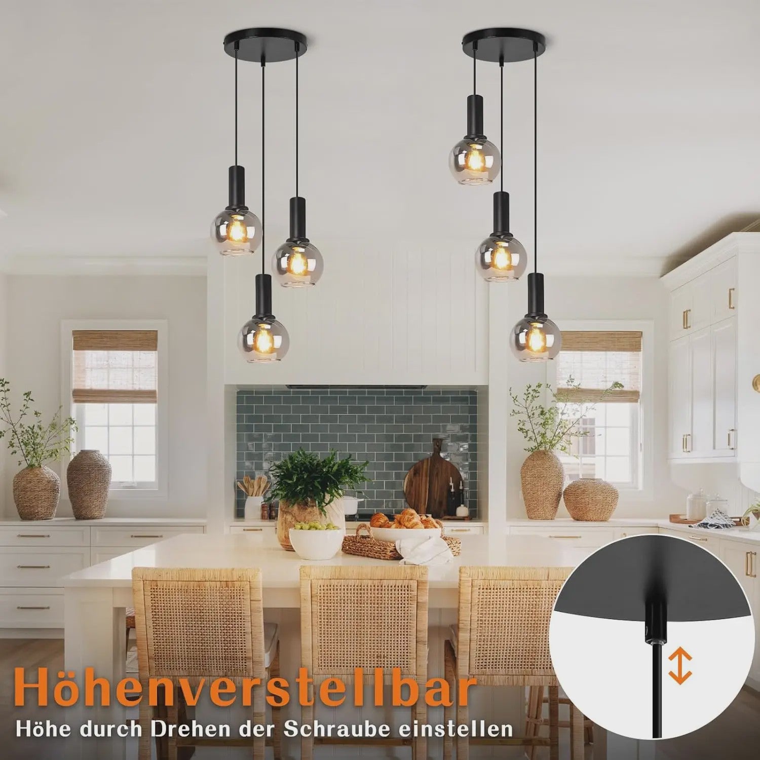 3-Lichts Hanglamp Glas - Vintage Stijl Pendellamp voor Eettafel & Woonkamer - In Hoogte Verstelbaar
