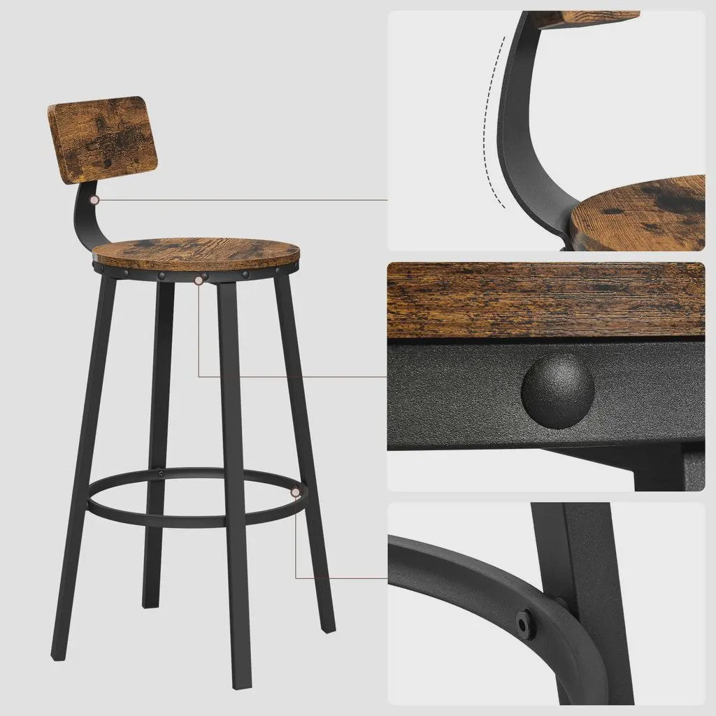 Set van 2 VASAGLE Industriële Barkrukken met Metalen Frame en Houten Zitting, Zithoogte 73 cm