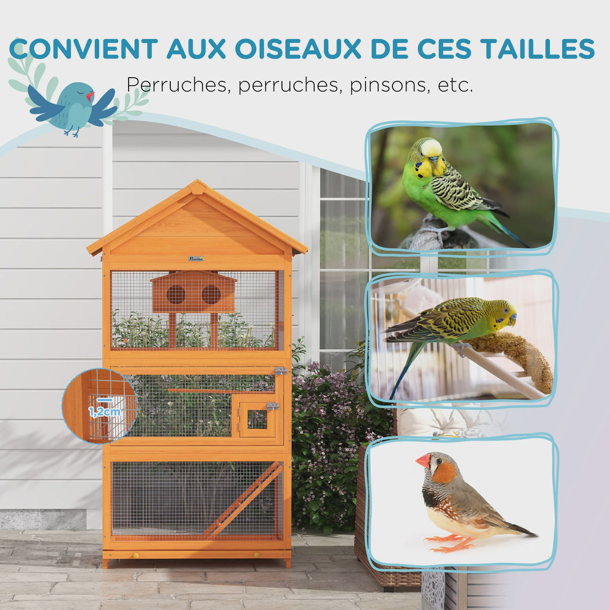 PawHut Houten Vogelkooi Papegaai Speeltuin met Asfalt Dak 92x52x171 cm Oranje