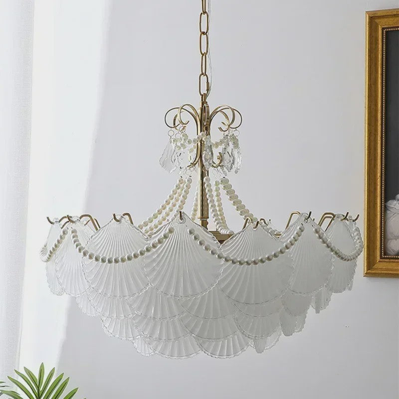 Moderne Koperen Plafondlamp met Schelp Glas en LED - Stijlvolle Hanglamp voor Woonkamer, Eetkamer & Slaapkamer