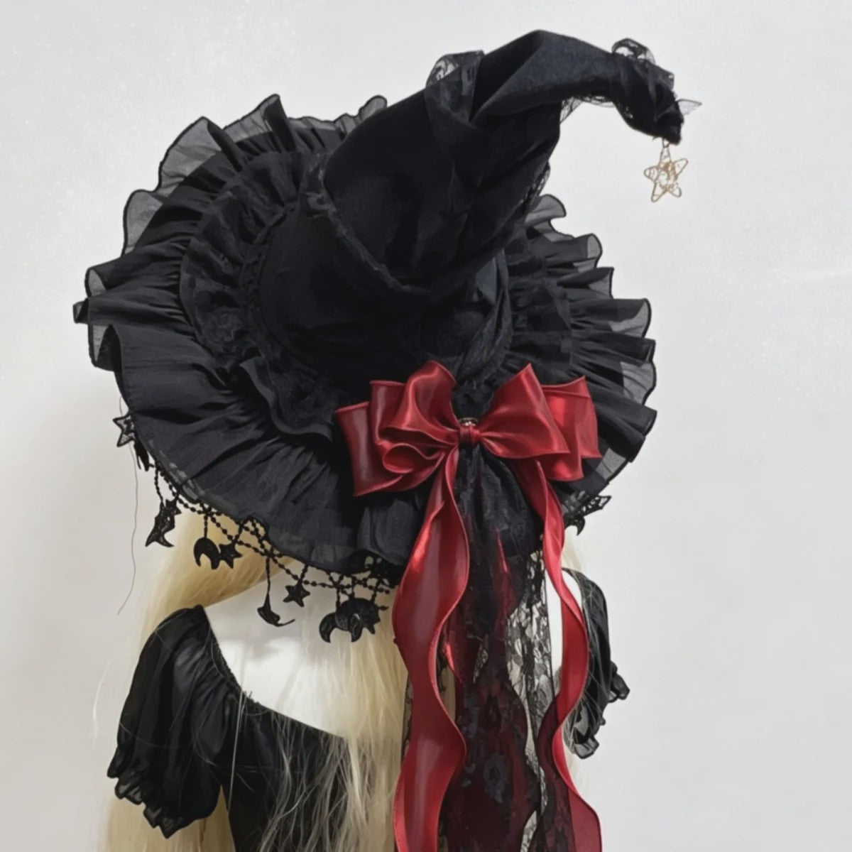 Luxe Heksenhoed van Kant en Fluweel met Maan & Sterren - Perfect voor Halloween & Cosplay