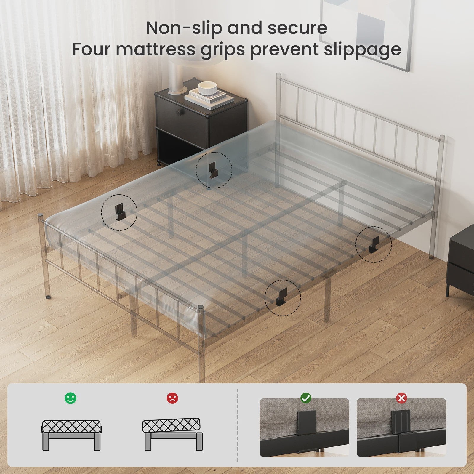 Zwart Metalen Bedframe 140x190cm met Hoofdbord, Voetbord en 32cm Opbergruimte