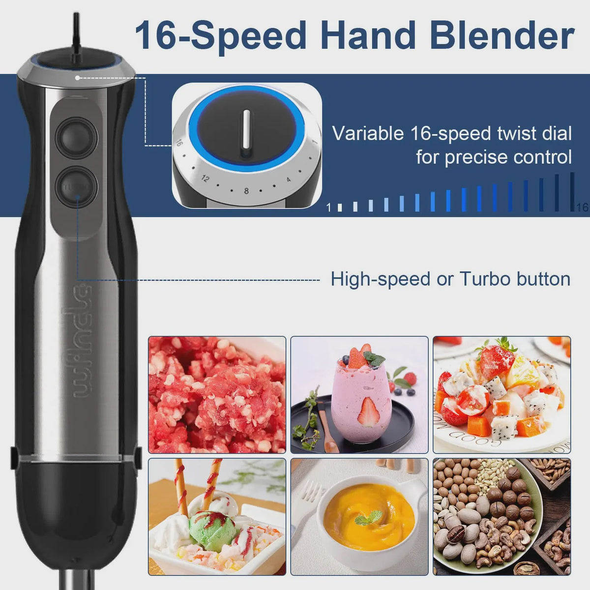 Wancle 4-in-1 Staafmixer met 1000W Motor, 16 Snelheden en Turbo