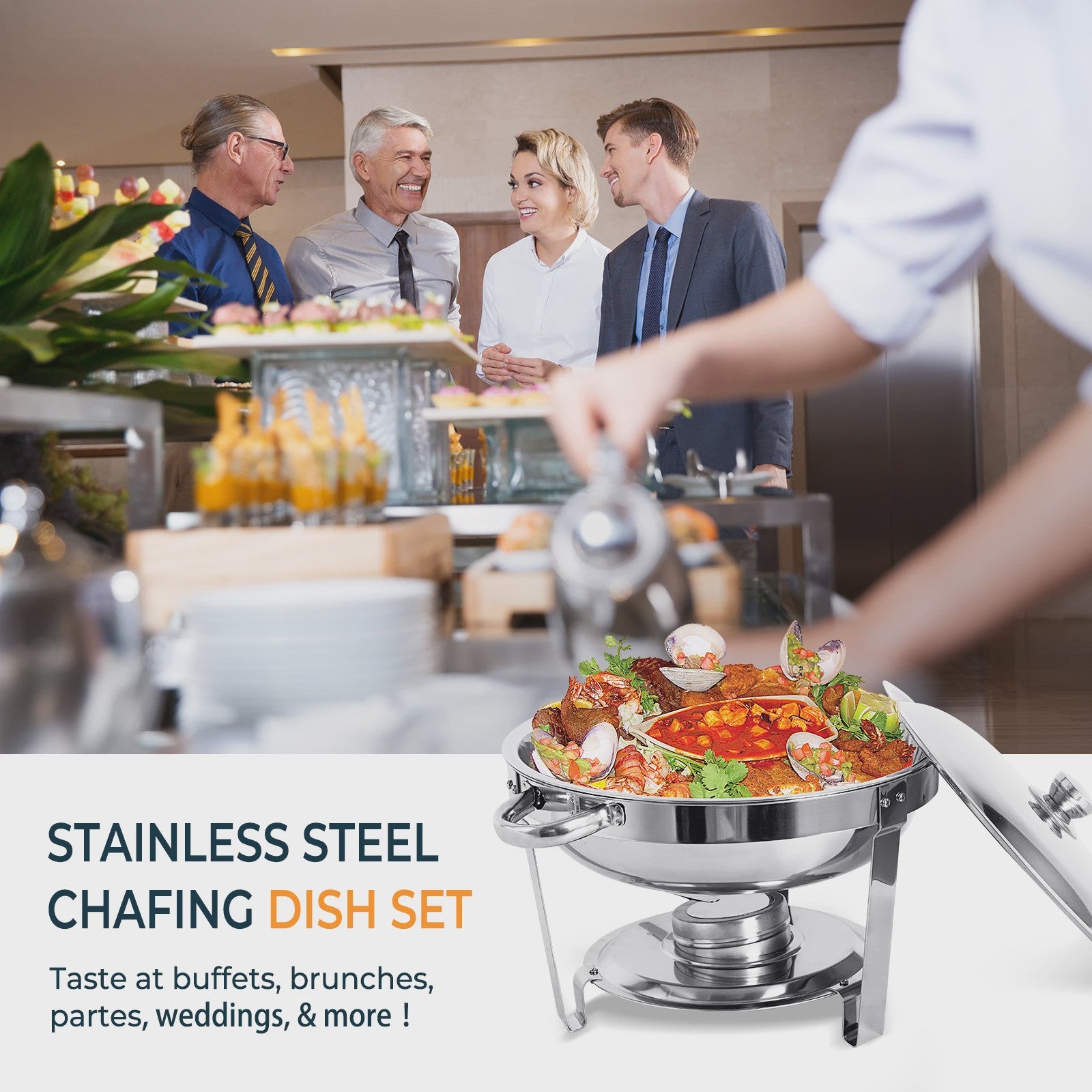 RVS Buffet Chafing Dish Set (5L) - Rond, met Deksel - Ideaal voor Feesten & Buffetten