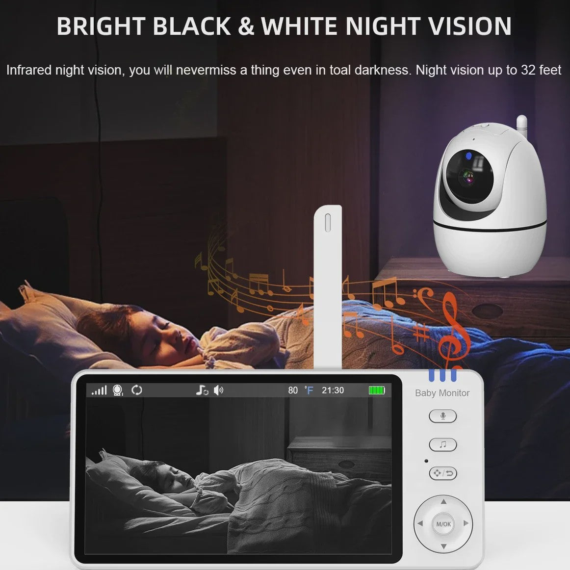 5 Inch Video Babyfoon met PTZ Camera, Nachtzicht, Temperatuursensor en Lullabies