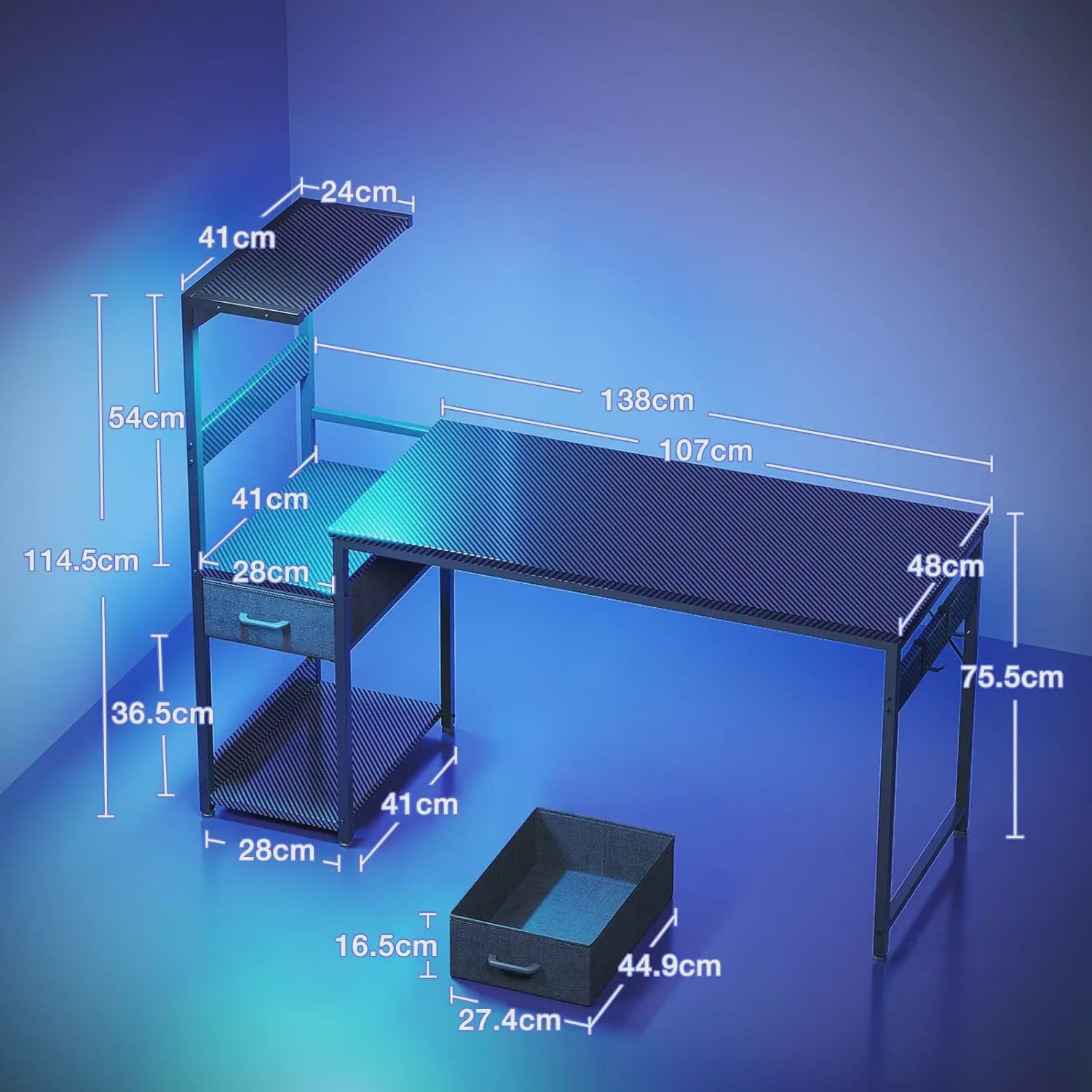 Coleshome Gaming Bureau met LED Verlichting - 138x48cm - Inclusief Lade & Opbergvak