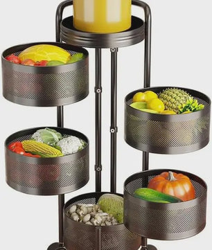 Draaibare Keuken Trolley 3-5 Laags - Carbon Staal Mesh Opbergrek met Wielen & Deksel