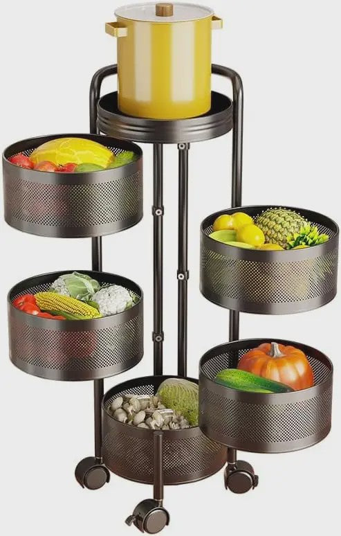 Draaibare Keuken Trolley 3-5 Laags - Carbon Staal Mesh Opbergrek met Wielen & Deksel