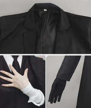 Compleet Heren Zwart Kostuum: Lange Trenchcoat, Vest, Shirt, Stropdas & Handschoenen