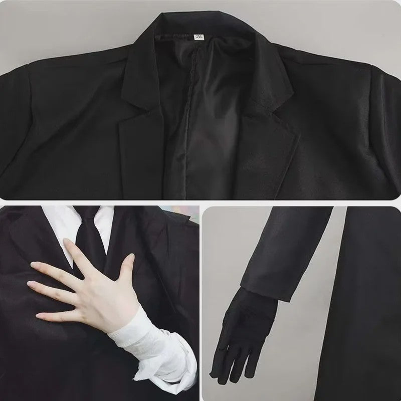 Compleet Heren Zwart Kostuum: Lange Trenchcoat, Vest, Shirt, Stropdas & Handschoenen