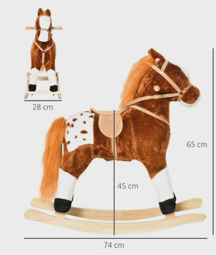 Houten Schommelpaard met Dierengeluiden - Bruin, 74x28x65 cm