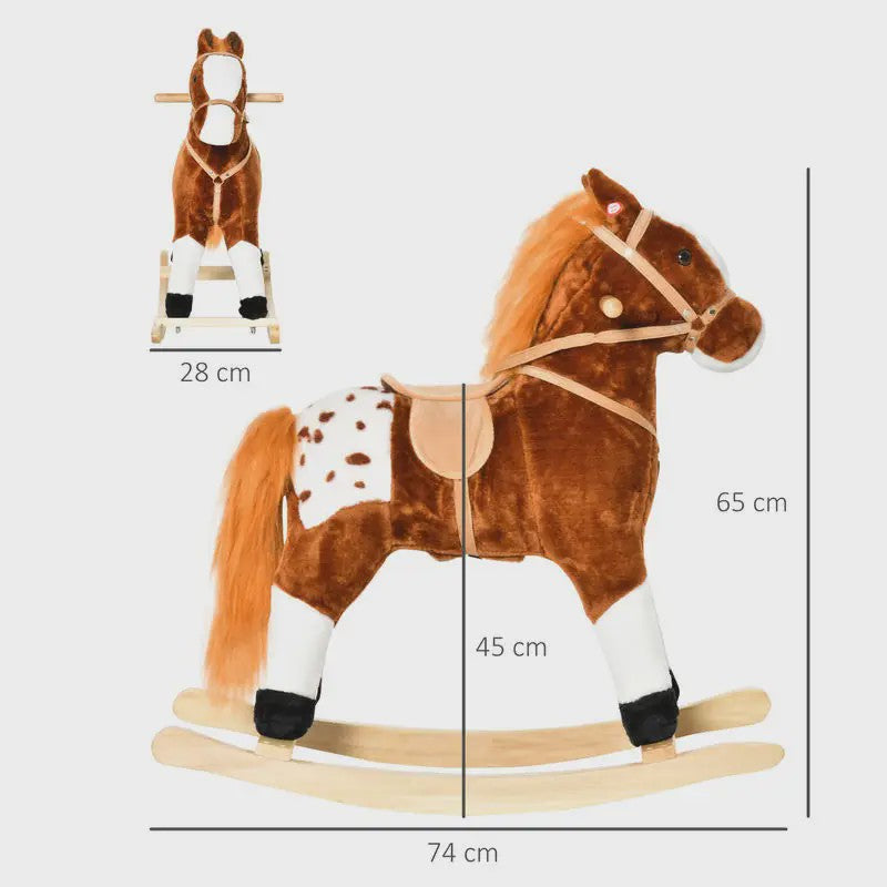 Houten Schommelpaard met Dierengeluiden - Bruin, 74x28x65 cm