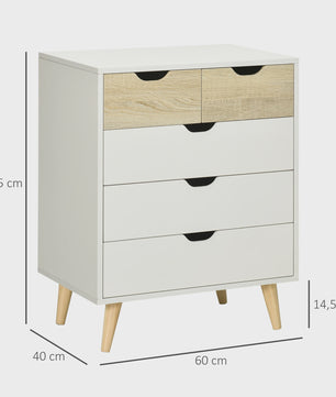 HOMCOM Commode met 5 Lades en Houten Poten - Wit & Naturel Hout - 60x40x77,5 cm