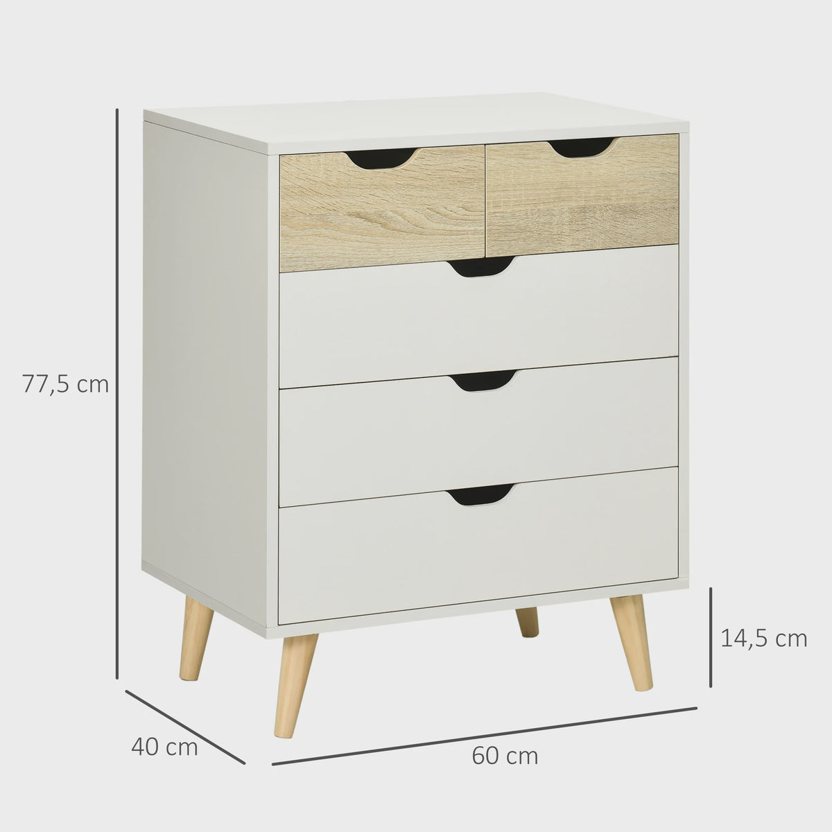 HOMCOM Commode met 5 Lades en Houten Poten - Wit & Naturel Hout - 60x40x77,5 cm