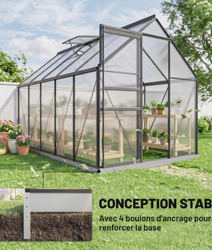Outsunny Polycarbonaat Aluminium Tuinkas met Fundering - Schuifdeur & Verstelbaar Raam - 190x199 cm