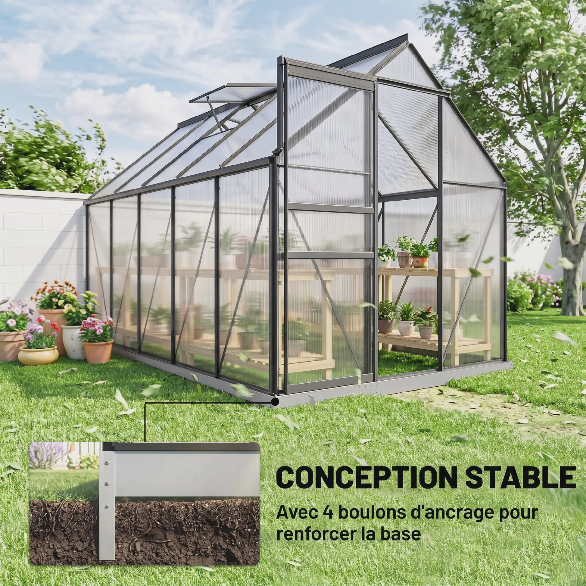 Outsunny Polycarbonaat Aluminium Tuinkas met Fundering - Schuifdeur & Verstelbaar Raam - 190x199 cm