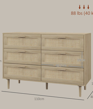 Stijlvolle Commode met 6 Lades en Rotan Fronten - Licht Hout Design - 110x40x75 cm