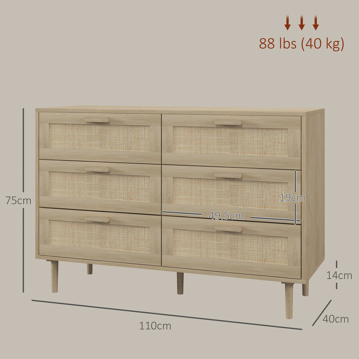 Stijlvolle Commode met 6 Lades en Rotan Fronten - Licht Hout Design - 110x40x75 cm