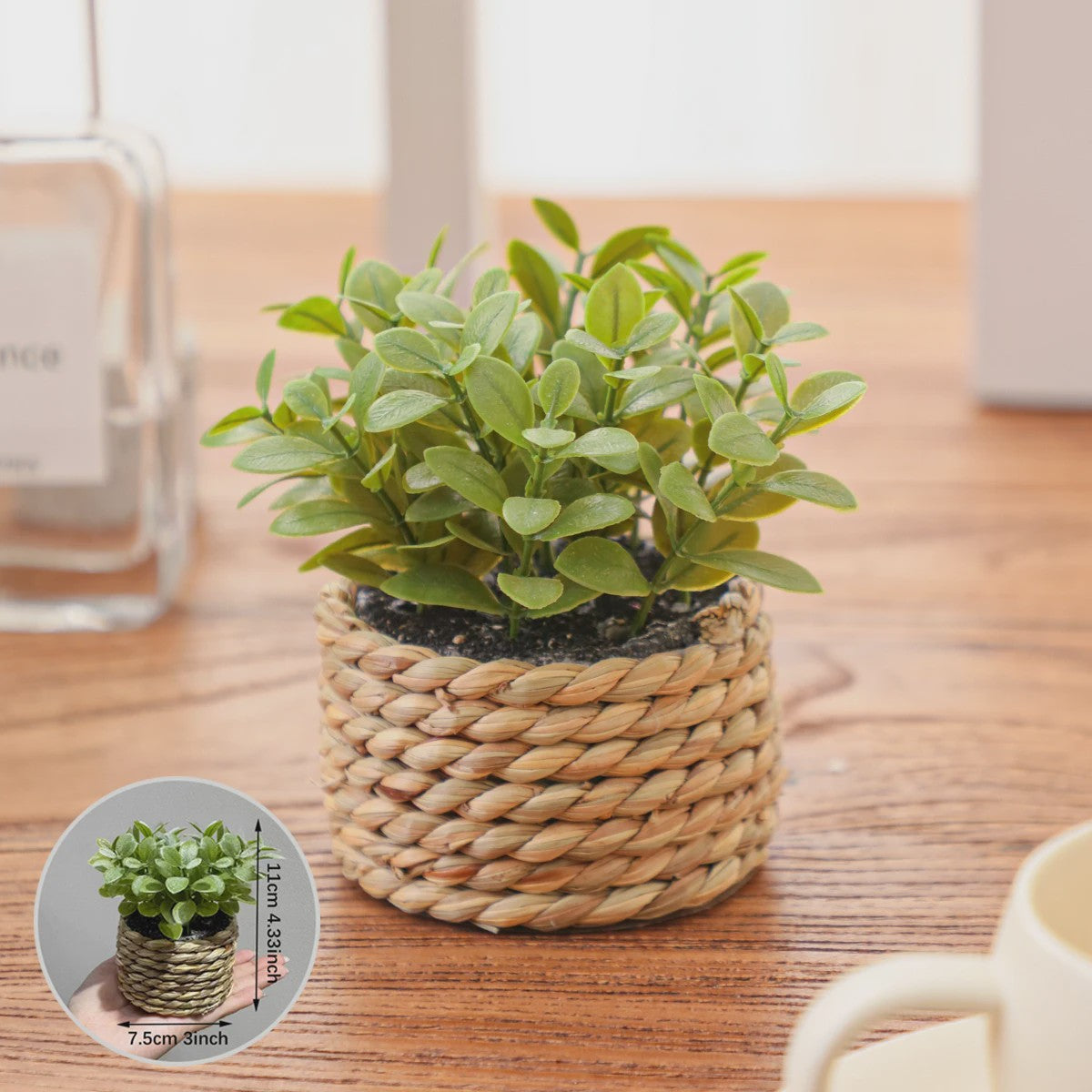 Kunstplant Eucalyptus Gras in Geweven Pot - Groen, 11cm