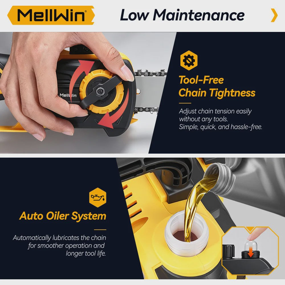 Mellwin 12-Inch Accu Kettingzaag - Krachtig 3000W Brushless, Automatische Olie Systeem