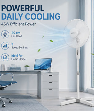 Zephir 40cm Staande Ventilator - 45W, 3 Snelheden, Verstelbare Hoogte tot 130cm, Oscillerend
