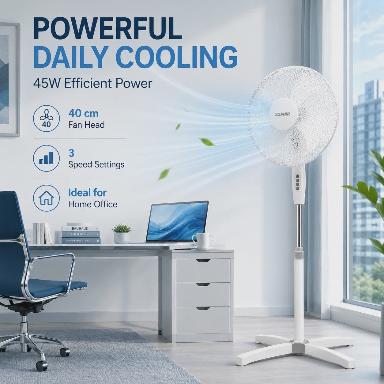Zephir 40cm Staande Ventilator - 45W, 3 Snelheden, Verstelbare Hoogte tot 130cm, Oscillerend