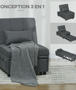 HOMCOM Fauteuil Bed 1-Persoons - Verstelbaar, Grijze Bekleding met Kussen