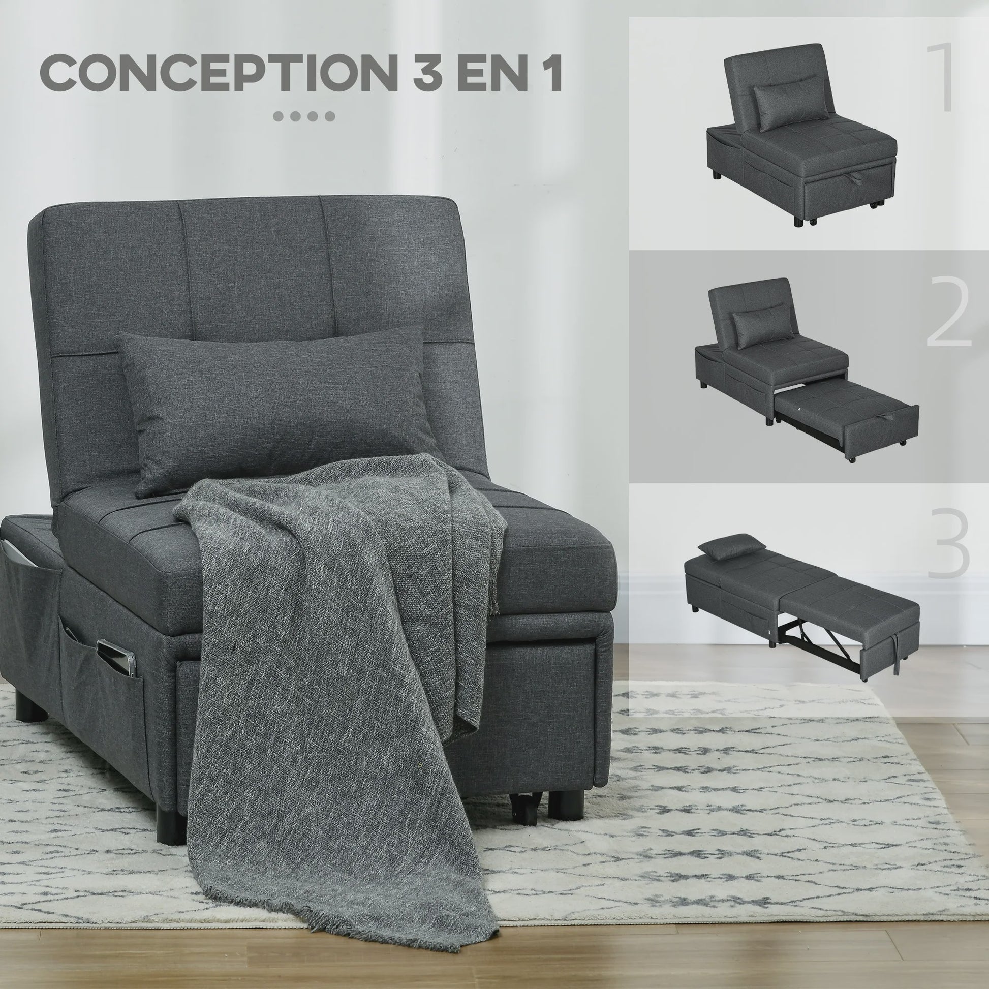 HOMCOM Fauteuil Bed 1-Persoons - Verstelbaar, Grijze Bekleding met Kussen