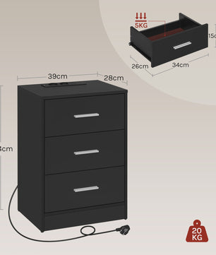 Modern Nachtkastje met 3 Lades en Geïntegreerd Oplaadpunt - Stijlvol Ladekastje voor Slaapkamer & Woonkamer