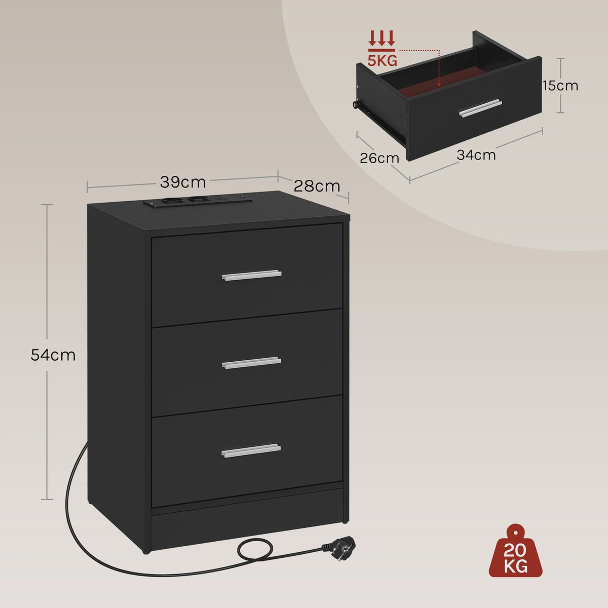 Modern Nachtkastje met 3 Lades en Geïntegreerd Oplaadpunt - Stijlvol Ladekastje voor Slaapkamer & Woonkamer