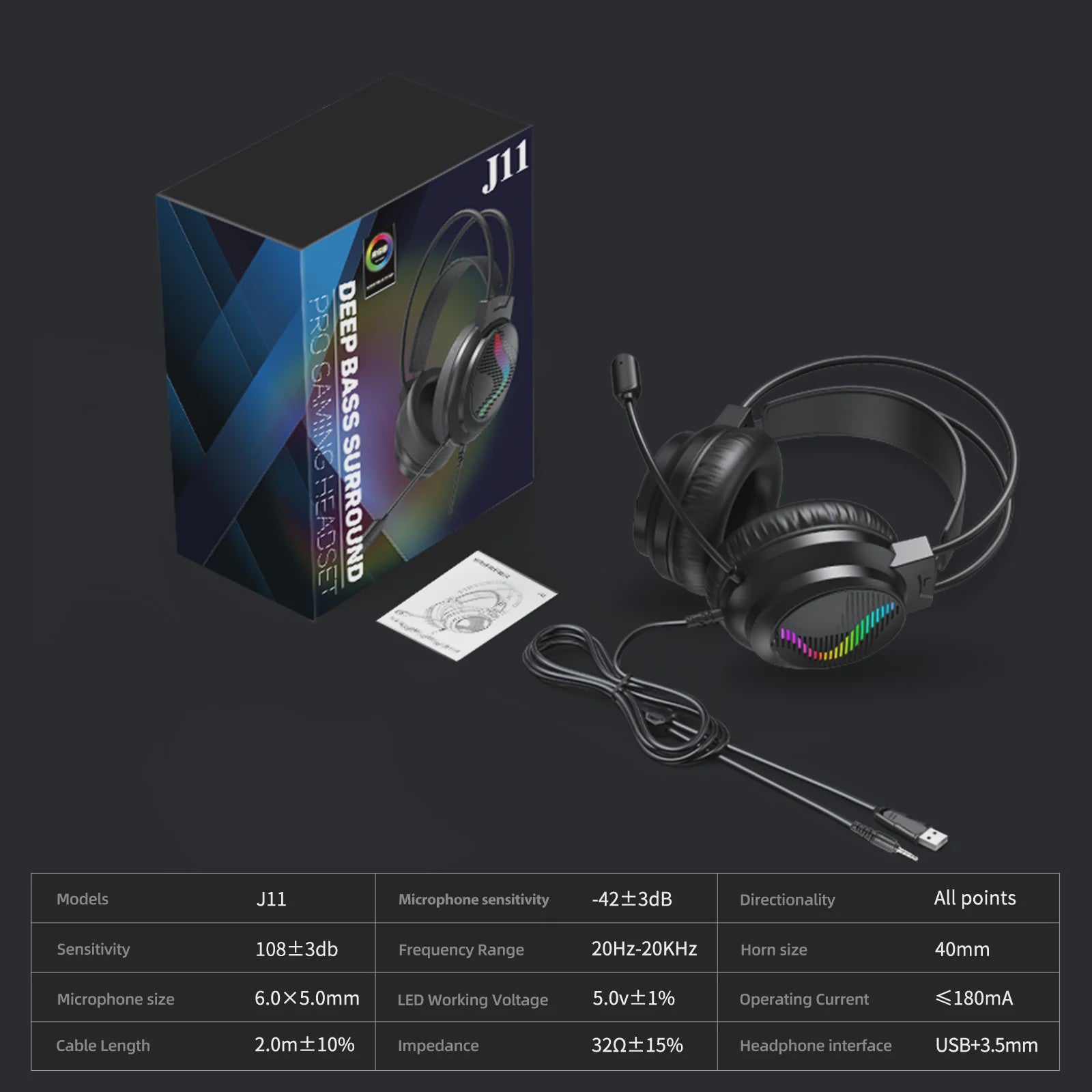 Acinaci J11 Gaming Headset met Microfoon, LED Verlichting & 3.5mm Jack voor PS4, PC, Xbox, Switch