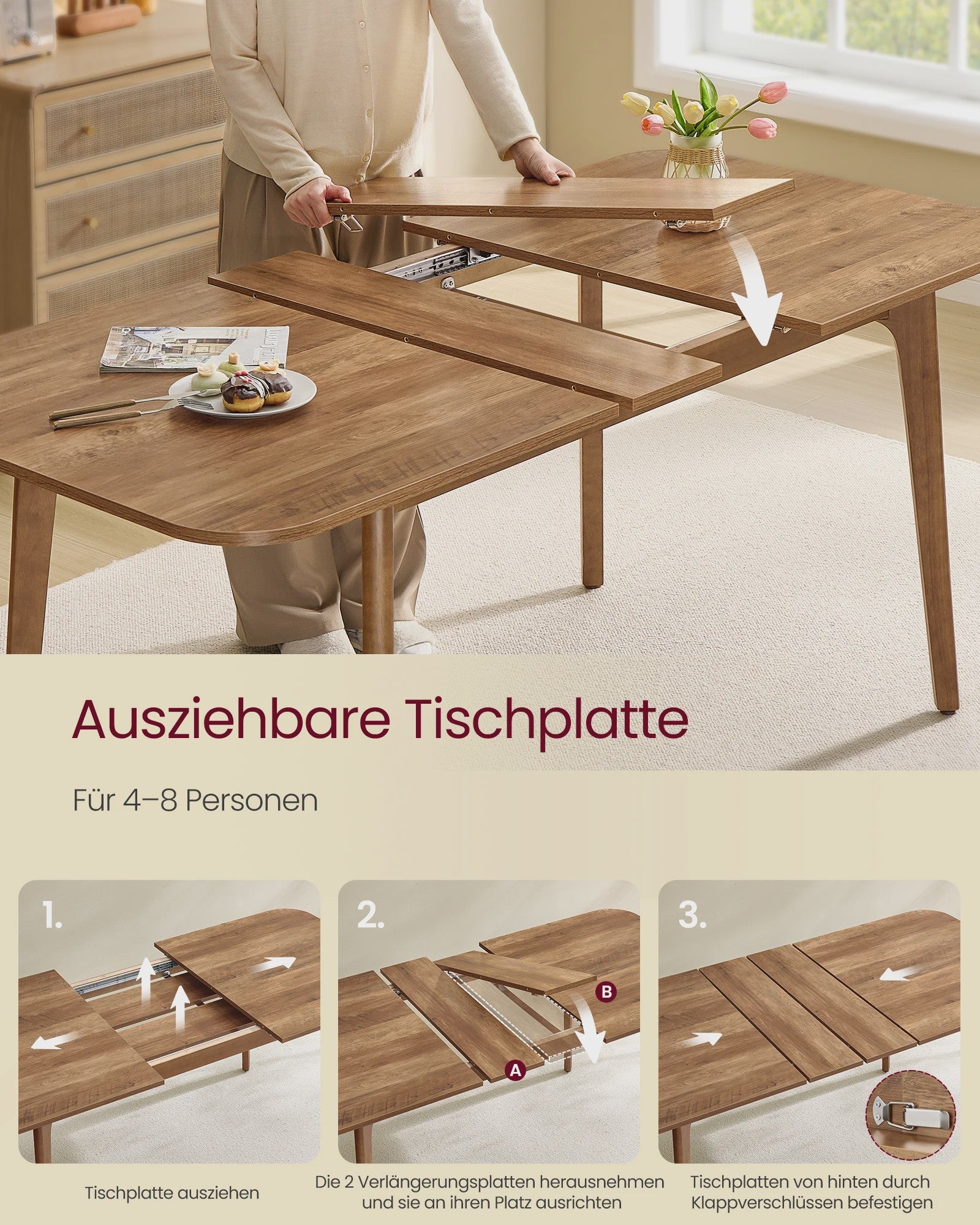 Uitschuifbare Eettafel voor 4-8 Personen - Houtkleurig - Verstelbaar tot 180 cm