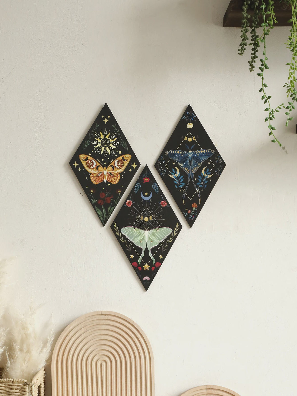 Unieke Houten Wanddecoratie Ruit Vlinder Maan Ster - Scandinavische Stijl