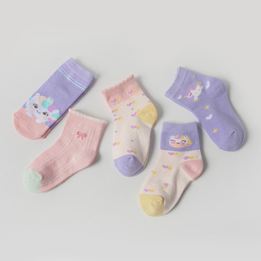 5 Paar Kindersokken Meisjes met Unicorn & Strik - Leuke Cartoon Mid-Calf Sokken voor Dagelijks Gebruik
