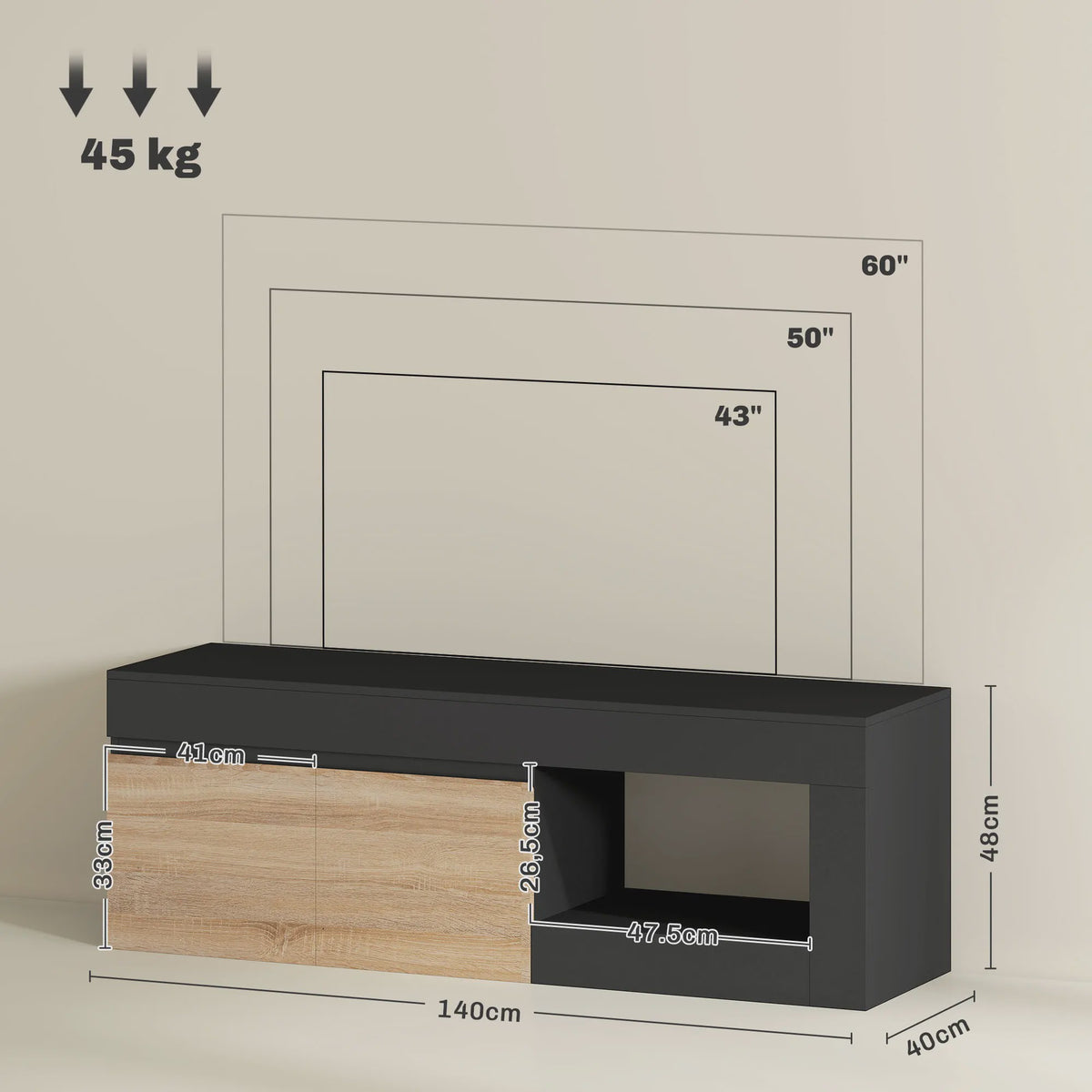 Moderne TV Meubel met 2 Deuren en Open Compartiment - Zwart/Houtkleur - Tot 60 Inch