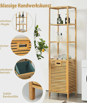 Bamboe Badkamerrek met Wasmand - 2-in-1 Hoge Kast met 3 Planken