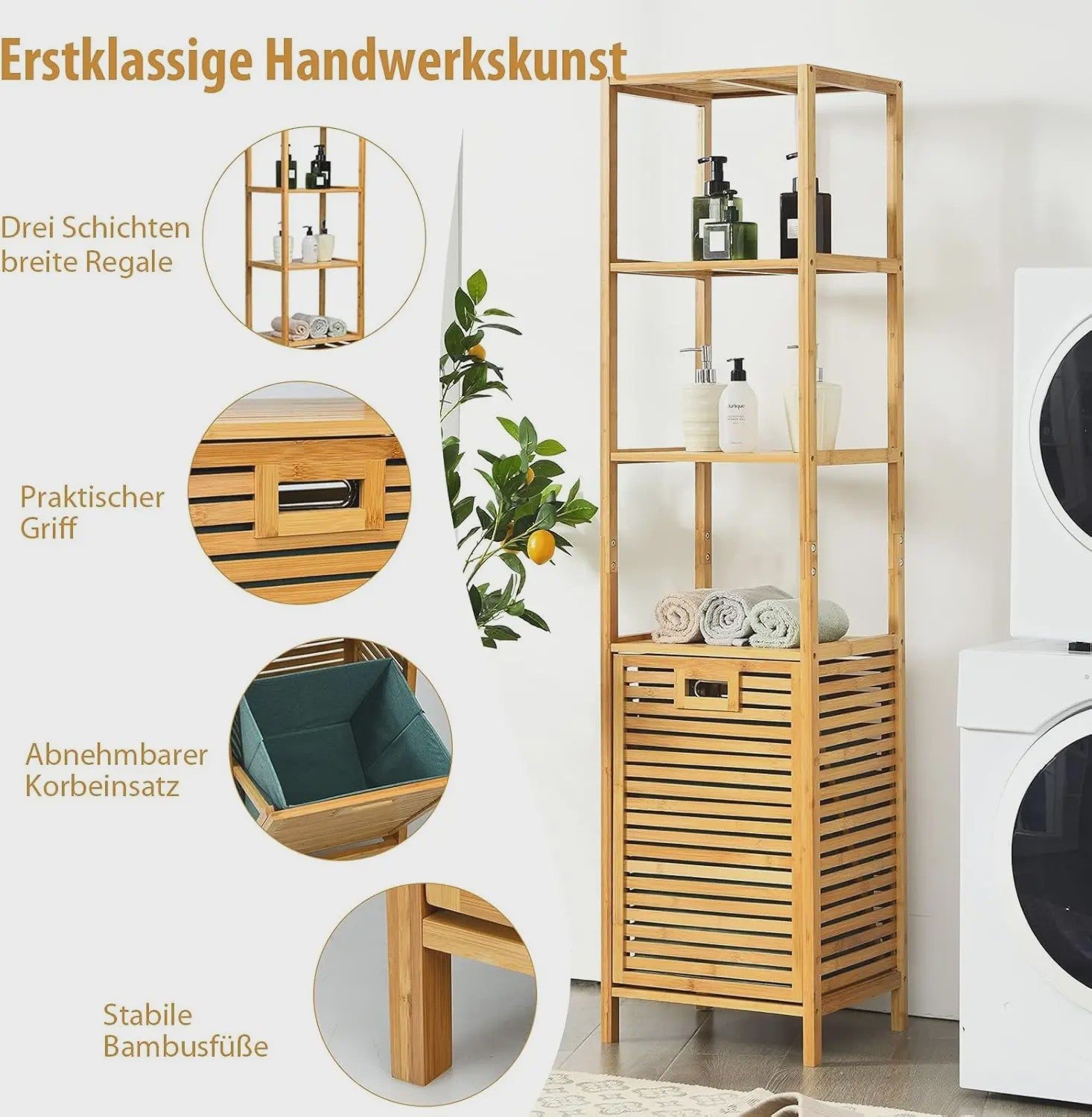 Bamboe Badkamerrek met Wasmand - 2-in-1 Hoge Kast met 3 Planken