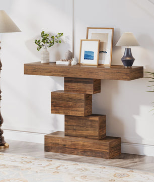Rustieke Houten Console Tafel 108cm - Slimme Banktafel voor Hal of Entree met Geometrische Basis