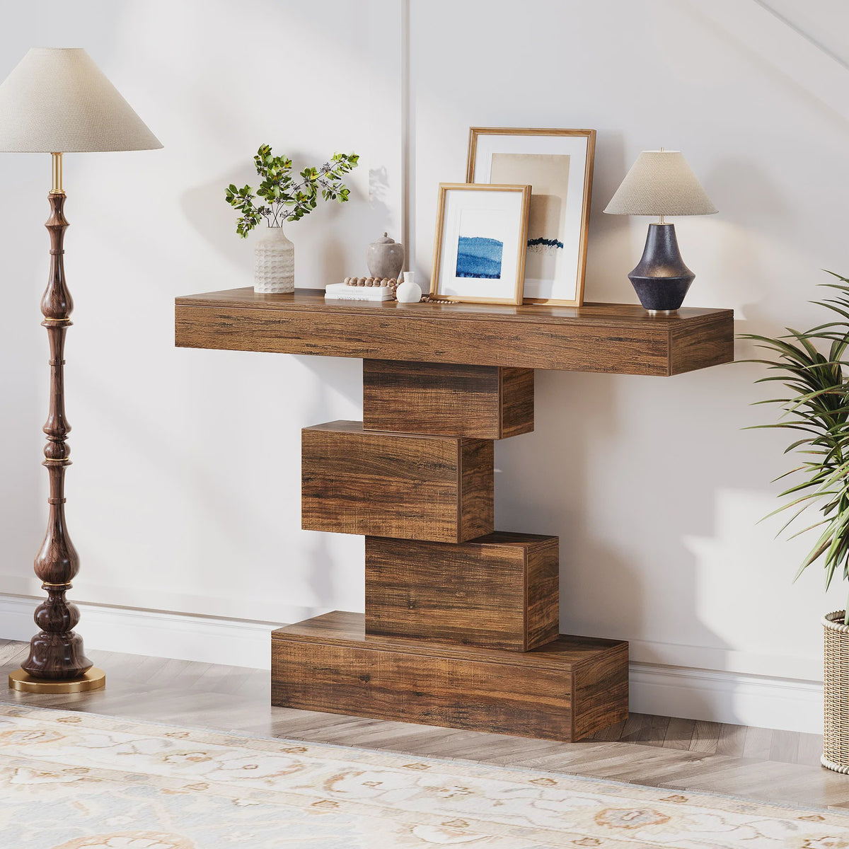 Rustieke Houten Console Tafel 108cm - Slimme Banktafel voor Hal of Entree met Geometrische Basis